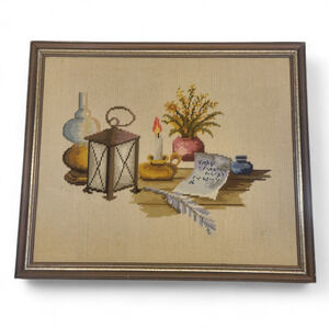 Rare Vintage Crewel Table Scape Art Handmade Embroidery Needlework Fine Detail‎